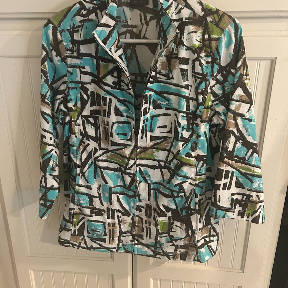 Chico's Blue, Black and Green Graphic Lightweight Zip Topper